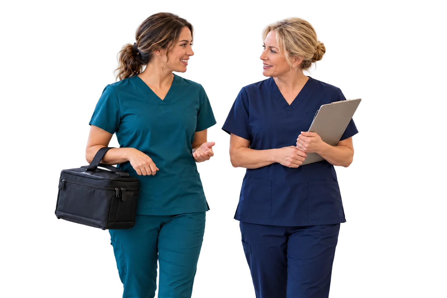 A phlebotomist coordinating with a care team member at an assisted living facility